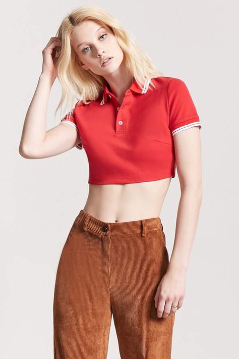 Forever 21 Cropped Polo Shirt Croptop Polo Outfit, Crop Top Sweater Outfit, Polo Outfit Ideas, Polo Crop Top, Cropped Sweaters, Cropped Polo Shirt, Polo Outfit, Cropped Polo, Sweater Outfit