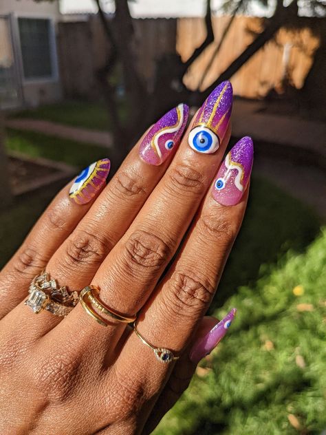 Stunning Winter Nails Coffin-Shaped: Acrylic Ideas for the This Year | Winter Nails 2023 Trends Purple Evil Eye, Spring Acrylic Nails, Eye Symbol, Spring Nail Colors, Seeing Eye, All Seeing Eye, Bad Luck, Birthday Nails, All Seeing