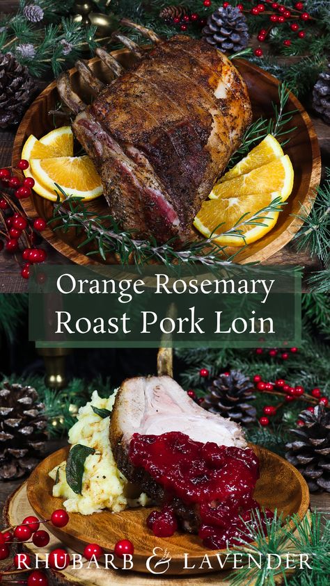 Celebrate the Winter Solstice with a succulent roast rack of pork. This roasted pork loin is flavoured with aromatics like orange, rosemary and clover then topped with a homemade cranberry sauce. An impressive and flavourful main dish for your next Christmas gathering or Yule celebration! Cranberry Orange Pork Loin, Orange Cranberry Pork Loin Roast, Pork Roast With Cranberry Sauce, Rosemary Pork Loin, Pork Loin Sauce, Surf N Turf Recipes, Rosemary Roast, Roast Pork Loin, Roasted Pork Loin