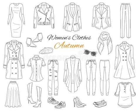 Women`s clothes collection. Vector sketch illustration.. Illustration about casual, garments, design, cardigan, outfit, pants, flats, fashion, outline, sale, drawing - 119700542 Fashion Outline, Clothing Stamp, Garments Design, Outfit Pants, Cardigan Outfit, Vector Sketch, Fashion Illustration Dresses, Sketch Illustration, Autumn Outfit