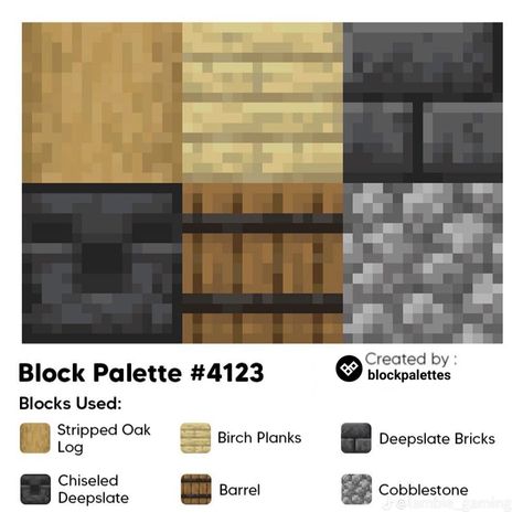 Oak Block Pallets Minecraft, Minecraft Diagrams, Minecraft Color Palette, Block Pallets, Cottage Minecraft, Minecraft Building Guide, Minecraft Statues, Minecraft Interior, Minecraft Blocks