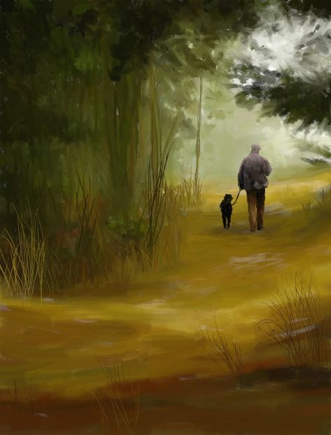 Skylar Brown,  USA -  A Men  and  his  dog   walk  in  trees  lined  lane Man Walking Dog Painting, Man And Dog Painting, Tattoo Peito, Dog Pencil Drawing, Pastel Inspiration, Watercolor People, Country Walks, Midlife Crisis, Dog Walk