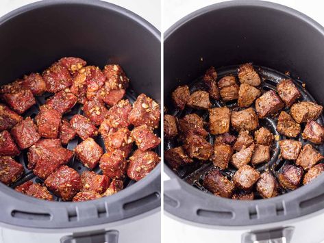 Air Fryer Steak Bites! These juicy and flavorful steak bites take only a few minutes to make. It's easy, simple, and perfect for dinner. Air Fryer Steak Bites Recipes, Steak Bites In Air Fryer, Air Fryer Steak Bites, Steak Bites Recipe, Air Fryer Steak, Steak Bites, Air Fryer, Steak