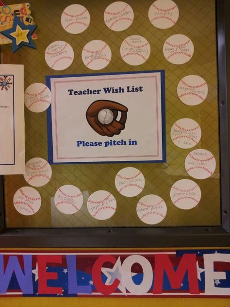 Preschool Open house baseball theme teacher wish list Preschool Open House, Baseball Classroom, Decorating Classroom, Sports Classroom, Teacher Wish List, Classroom Wishlist, Baseball Theme Birthday, Sports Theme Classroom, Teacher Themes