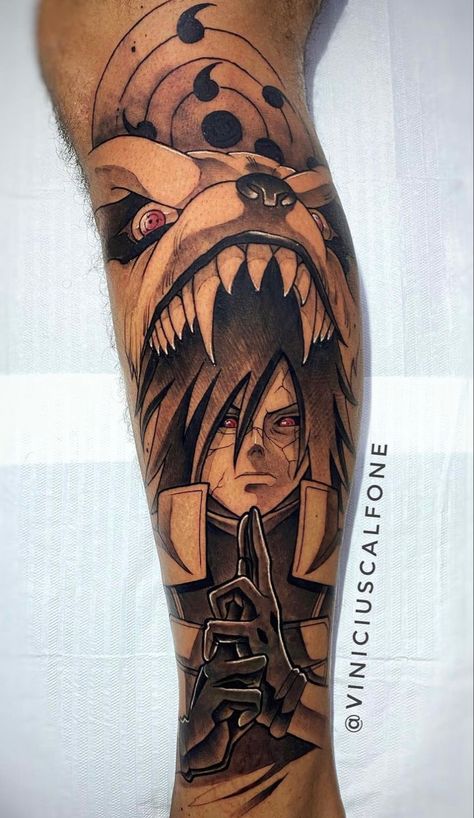 Manga Tattoos Anime, Anime Calf Tattoo Men, Tailed Beast Tattoo, Hashirama Tattoo Design, Naruto Arm Tattoo, Madara Tattoo Design, Madara Uchiha Tattoo Ideas, Naruto Sleeve Tattoo, Madara Tattoo Ideas