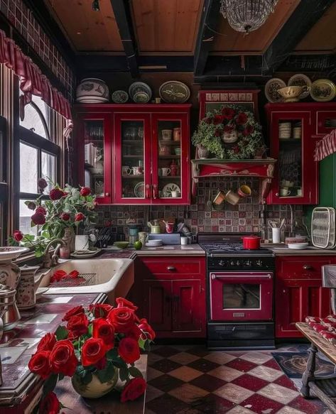 Red Theme Kitchen, Whimsigoth Kitchen, Green House Aesthetic, Red Kitchen, Red House, Vintage Life, Art Inspiration Painting, Red Aesthetic, First Home