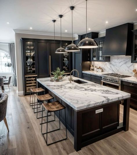 Dark Charcoal Cabinets Kitchen, Gray Floors In Kitchen, Altama Boots, Plain Kitchen, Black Kitchen Island, Marble Kitchen, Dream Kitchens Design, Kitchen Remodel Design, Kitchen Remodel Before And After