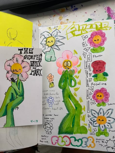 Rosa(rose), leem(mini flower), fluooer, dus!y(daisy,duuasy), flower guy(big flower) Big Book Drawing, Mini Sketchbook Ideas, Mini Sketches, Mini Sketchbook, Flower Cafe, Mini Art Journal, Creative Drawing Prompts, Swag Art, Sketchbook Art Journal