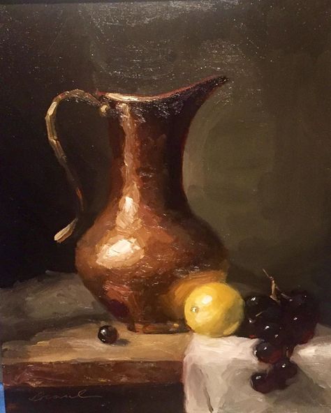 Bobbie Brainerd on Instagram: “Lemon, Grapes & Copper Pitcher, oil 8x10 (4362)  #oilpainting #stilllifepainting #allaprima #oilpaintersofamerica #americanwomenartists…” Metal Oil Painting, Chardin Still Life, Vase Oil Painting, Still Lifes, Oil Painting Still Life, Copper Painting, Rustic Painting, Still Life Pictures, Life Drawing Reference