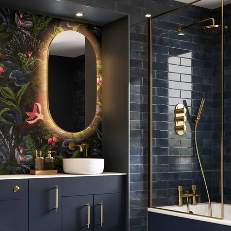 Ambient illumination in a sleek black or brushed brass frame, the Arcane range is a sophisticated and stylish option that complements all the latest bathroom trends. Available in Curve, Round and Pill options in a variety of sizes, there is plenty of choice to suit every style of bathroom. Arcane also features a heated Navy Blue Tiled Bathroom, London Basin Company, Dreamy Bathroom Aesthetic, Calm Bathroom Ideas, Really Small Bathroom Ideas, Moody Blue Bathroom, Small Dark Bathroom, Frame Bathroom Mirror, Latest Bathroom Trends