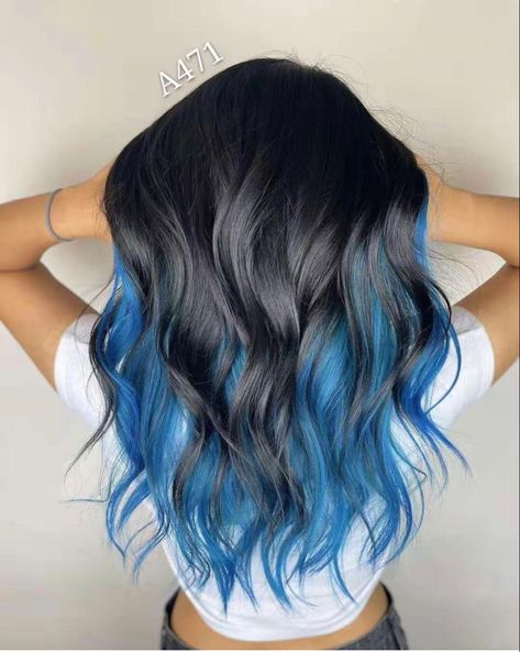 Black And Color Highlights, Dark Brown And Blue Hair Ombre, Dark Brown And Colored Hair, Bottom Half Dyed Hair Blue, Top Half Black Bottom Half Blue Hair, Blue Partial Highlights, Blue Color Hair Highlights, Blue Highlights With Brown Hair, Black Roots And Blue Hair