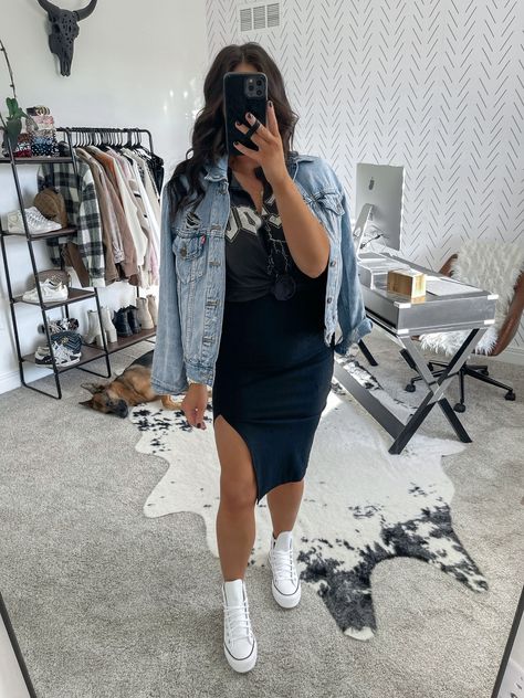 White Casual Outfits For Women, Band Tee And Skirt, Denim Jacket And Skirt Outfit, Band Tee And Skirt Outfit, White Platform Converse Outfit, Bodycon Midi Skirt Outfit, Graphic Tee Outfit Fall, Platform Converse Outfit Summer, Denim Jacket And Skirt