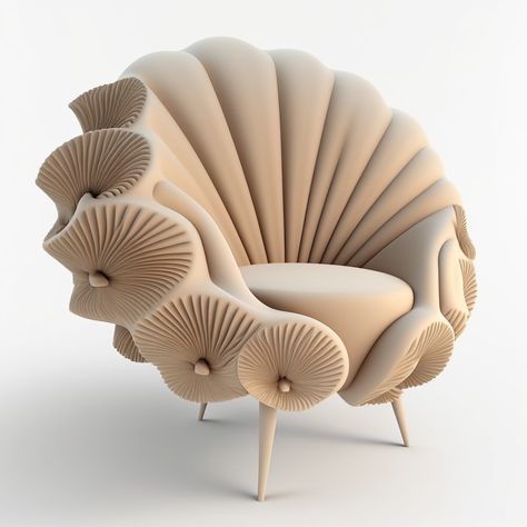 A designer chair part of a biophilic collection inspired by seashells. Collection is designed by Daleva Decor using AI Midjourney Shell Furniture Design, Unique Chair Design Creative, Biophilic Furniture, Seashell Chair, Unique Interior Design Ideas, Futuristic Interior Design, Stylish Home Office, Designer Chair, Funky Chairs