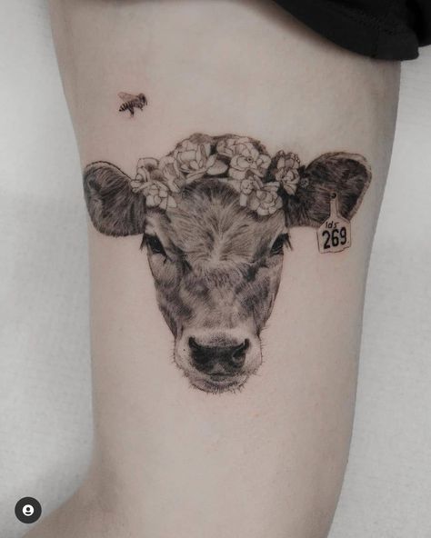 Cow Forearm Tattoo, Cow Arm Tattoo, Mothers Tattoo For Son, Dairy Cow Tattoo Ideas, Western Cow Tattoo, Sunflower Cow Tattoo, Cow Tattoo Realistic, Hereford Cow Tattoo, Floral Cow Tattoo