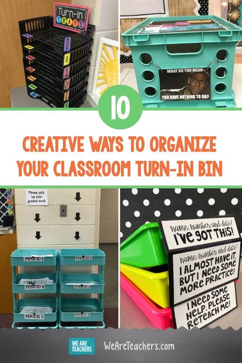 10 Creative Ways to Organize Your Classroom Turn-In Bin Classroom Organization Turn In Work, Assignment Turn In Baskets, Hs Classroom Organization, Textbook Storage Classroom, Finished Work Bin Classroom Organization, Turn In Box Classroom, Turn It In Bin Classroom, Teacher Turn In Bins, Classroom Organisation Ideas