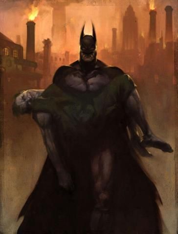 Batman carrying The Joker Batman Arkham Series, Batman Concept Art, Joker Arkham, Batman Painting, Batman Concept, Batman Stuff, Batman Poster, Batman Arkham City, I Am Batman