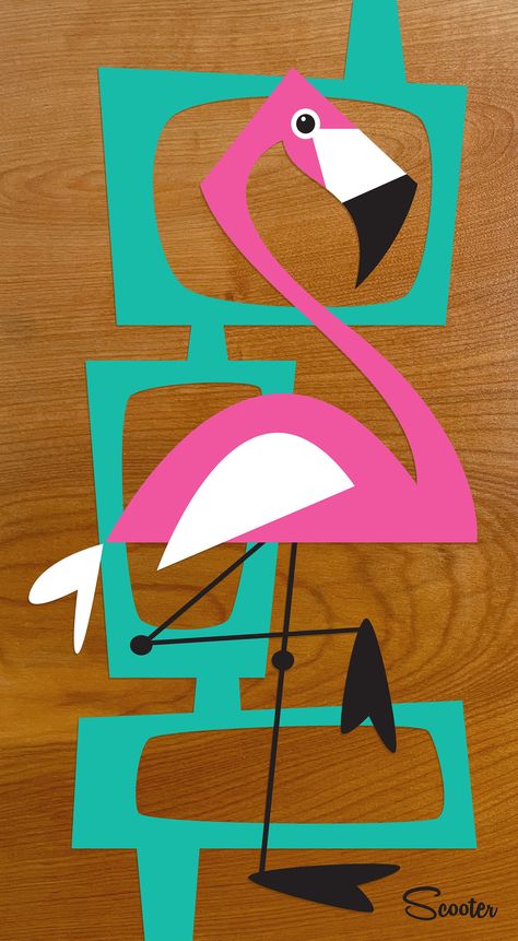 "Pink-O-Rama" is a high-quality print of the original painting of a mid century modern styled pink flamingo on stained birch wood by the artist Scooter. All prints are professionally printed, packaged, and shipped. Choose from multiple sizes and mediums. Our Deluxe Prints are printed on Luster Fine Art paper and some sizes come Double Matted. All of our fine art prints are printed on an Aqueous Printer using Archival Inks to provide the highest quality. For Double Matted Luster Fine Art Paper Pr Mid Century Modern Coloring Pages, Mid Century Modern Artwork Diy, 1950s Art Deco, Diy Mid Century Art, Mid Century Cat Art, Art Deco Images, Mid Century Modern Design Graphic, Mid Century Modern Graphics, Mid Century Modern Tattoo