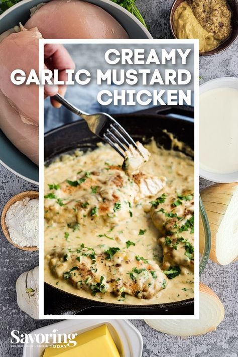 Creamy Garlic Mustard Chicken is worthy of your weeknight meal rotation because the aroma of garlic and mustard wafting through the kitchen is incredibly satisfying. This is no ordinary chicken dish! You’ll love the garlicky, tangy flavors swirled throughout the rich cream sauce that cradles juicy pan-seared chicken. Chicken With Creamy Mustard Sauce, Mustard Crusted Chicken, Maille Mustard, Mustard Chicken Breast, Mustard Cream Sauce, Garlic Mustard, Zucchini Sticks, Creamy Mustard Sauce, Meal Rotation