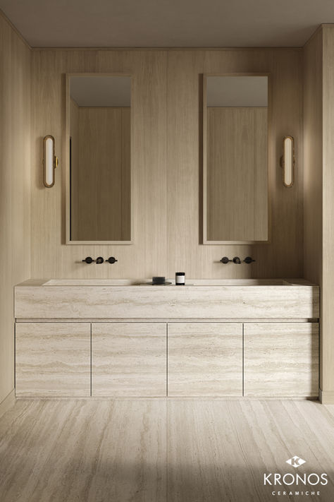 Bathroom design inspiration: Wood and Travertine look tiles. Collection by Kronos Ceramiche: Essence Pure + Nativa Lux Vena #kronostiles #kronosceramiche #madeinitaly #porcelaintiles #porcelainstoneware #gresporcellanato #grescerame #feinsteinzeug #luxurytiles #floortiles #flooringtiles #flooringideas #woodtiles #bathroomdesign #bathroomtiles #modernbathroom #moderndesign #woodlook #wooddesign #holzoptik #woodlover #interiordesign #designer #walltiles #wallideas #architects Travertine And Wood, Shower Tray Design, Minimal Bathroom Design, Bathroom Design Wood, Bedroom Tile, Travertine Bathroom, Bathroom Niche, Minimal Bathroom, Bespoke Bathroom