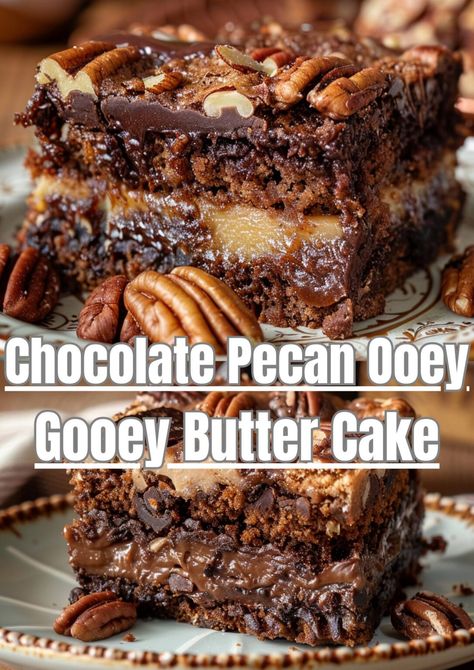 Decadent Chocolate Pecan Ooey Gooey Butter Cake Pecan Praline Cake, Ooey Gooey Cake, Chocolate Butter Cake, Ooey Gooey Butter Cake, Pecan Desserts, Gooey Cake, Butter Pecan Cake, Gooey Butter Cake, Butter Cake Recipe