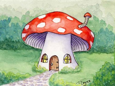 Red Mushroom Fairy House ~  Tamara Dozier Mushroom Drawing, Mushroom Fairy, Red Mushroom, Mushroom House, 수채화 그림, Paper Painting, Mushroom Art, Game Inspiration, Fairy Art