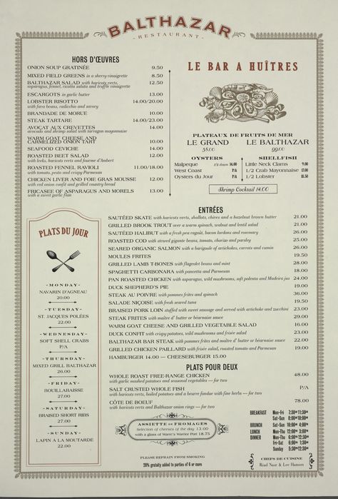 balthazar menu Seafood Ceviche, Menu Vintage, Bistro Menu, European Cafe, Menu Online, Menu Layout, Steak Tartare, Design Hacks, Menu Inspiration