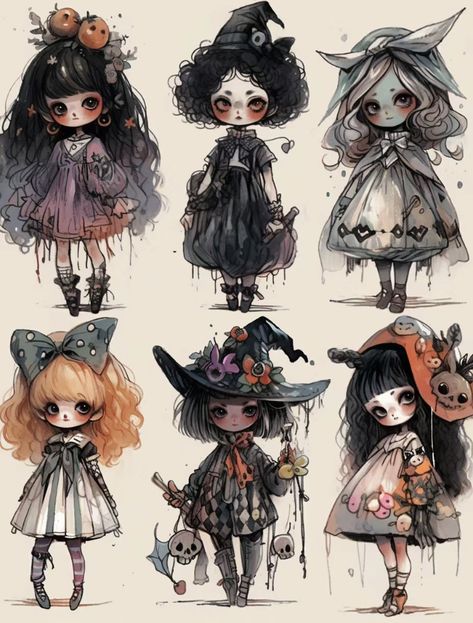 Halloween Costumes Drawings Ideas, Halloween Illustration Witch, Cute Doll Drawing, Doll Tattoo Ideas, Doll Illustration, Creepy Kawaii, Halloween Witch Dolls, Pumpkin Doll, Cute Witch