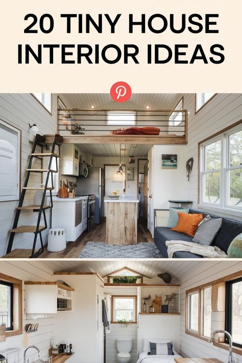 Transform your small tiny house with these 20 interior design ideas! From clever loft layouts to modern tiny house inspiration, this guide will help you make the most of every inch of your space. Interior Design For A Small House, Tiny House Steps To Loft, Tiny House Pictures, Tiny Home Interior Ideas Space Saving, Diy Tiny Home Ideas, Tiny House Must Haves, Tiny House Design Floor Plans Loft, Tiny Home Floorplan Loft, Luxury Tiny House Interior