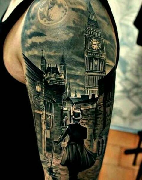 Tatuajes Sherlock Holmes Tattoo, Scene Tattoo, Street Tattoo, Tattoo Henna, City Tattoo, Cloud Tattoo, London Tattoo, Incredible Tattoos, 3d Tattoos