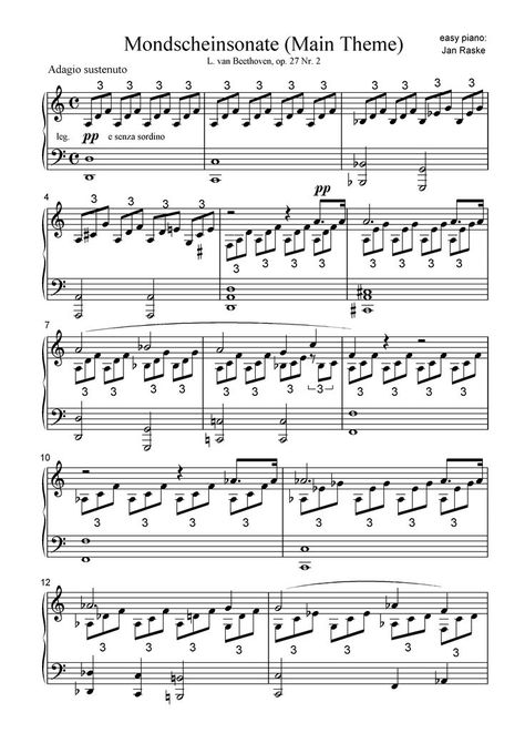 Ludwig van Beethoven: Mondschein-Sonate (Moonlight Sonata), op. 27 II, komp. 1802 - easy piano version by Jan Raske Moonlight Sonata Sheet Music, Mouse Click, Ludwig Van Beethoven, Moonlight Sonata, Easy Piano, Piano Lessons, Piano Sheet, Piano Sheet Music, Sheet Music