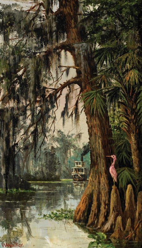 William Aiken Walker, "Ocklawaha River, Sternwheeler," 1888, Oil on board, The Florida Art Collection, Gift of Samuel H. and Roberta T. Vickers, 2020.18.94 Old Florida Art, Swamp Oil Painting, Swamp Landscape Art, Florida Landscape Photography, Tramp Steamer, Swamp Art, Wild Florida, Digital Exhibition, Florida Nature