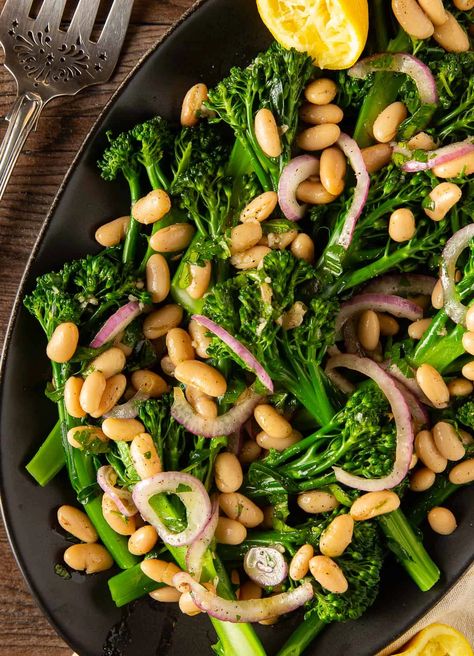 broccolini salad with white beans Broccolini Salad Recipe, Broccolini Salad, Salad With White Beans, Broccolini Recipe, Grilled Broccolini, Roasted Broccolini, Grilled Meats, Vegan Side Dishes, Fresh Salad