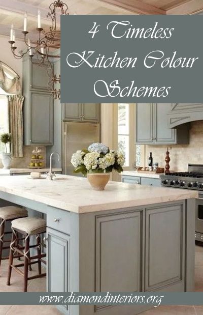 4 Timeless Kitchen Colour Schemes - DIAMOND INTERIORS Small Kitchen Colors, Kitchen Interior Inspiration, Modern Kitchen Colours, Timeless Kitchen Design, Kitchen Colour, Timeless Kitchen, Kitchen Colour Schemes, French Country Kitchen, Kitchen Design Trends