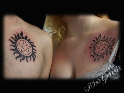 Supernatural Pentagram with sun black grey matching chest couple - Tattoos by Nina Gaudin of 12th Avenue Tattoo in Nampa, ID Supernatural Couple Tattoos, Supernatural Tattoo Ideas, Tattoo Ideas Lion, Supernatural Tattoos, Supernatural Pentagram, Anti Possession Tattoo, Fandom Tattoos, Supernatural Tattoo, Couple Matching Tattoo