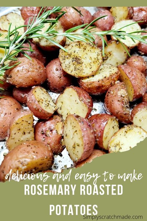 These delicious rosemary roasted potatoes are super easy to make and go great with a variety of different dishes. Just toss everything together on a pan an pop in the oven! Oven Rosemary Potatoes, Rosemary Red Potatoes Roasted, Roasted Rosemary Potatoes In Oven, Roasted Tiny Potatoes In Oven, Rosemary Potatoes Roasted, Red Potatoes Oven, Roasted Potatoes With Rosemary, Rosemary Red Potatoes, Pan Roasted Potatoes