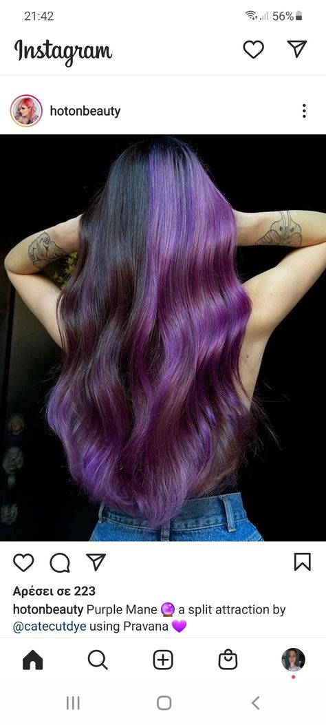 Half Purple Half Brown Hair, Half And Half Hair, Split Dyed Hair, Hair Inspiration Color, Hair Stuff, Fall 2022, Dip Dye, Purple Hair, Hair Colors