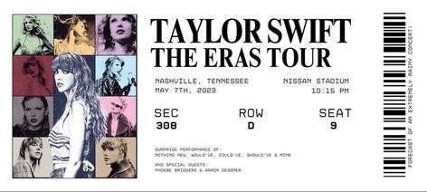 Taylor Swift Tour Tickets, Eras Tour Nashville, Fake Ticket, Taylor Swift Tshirt, Taylor Swift Tickets, Taylor Swfit, Taylor Swift Book, Taylor Swift Birthday Party Ideas, Custom Closet Organization