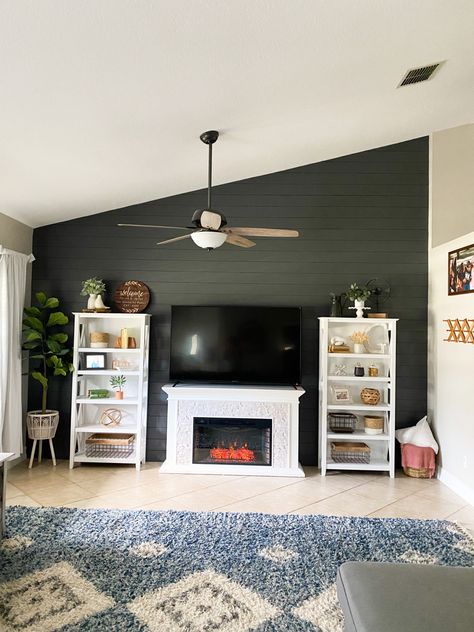 Color peppercorn from sherwin williams on ship lap accent wall in family room Dark Shiplap Accent Wall, Peppercorn Shiplap Wall, Peppercorn Sherwin Williams Accent Walls, Sw Peppercorn Accent Wall, Peppercorn Accent Wall, Ship Lap Accent Wall, Painted Shiplap, Painting Shiplap, Shiplap Accent Wall