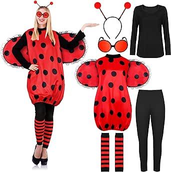 AOTHSO 7 Pieces Halloween Women Ladybug Costume Set Adults Cosplay Ladybug Wing Dress Headband Glasses Leg Warmers Top Pants Ladybug Costumes, Fuzzy Leg Warmers, Ladybug Headband, Miraculous Ladybug Costume, Ladybug Wings, Wing Dress, Ladybug Dress, Ladybug Costume, Wings Dress