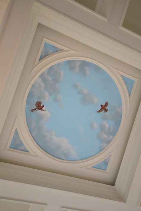 Sky Ceiling with Cardinals Mural - Mural Art Cathedral Ceiling Painting, Andalusia House, Bedroom Ceiling Mural, Sky Ceiling Mural, Blue Sky Ceiling, Decorated Ceiling, Ceiling Paintings, Dome Room, Ceiling Mural