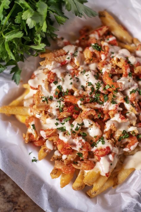 Lobster Fries Recipe, Alfredo Fries, Crawfish Fries, Crab Fries Recipe, Queso Sauce, Cajun Alfredo, Coop Can Cook, Frozen Fries, Crab Fries