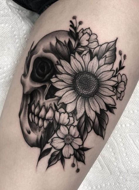 Sunflower Tattoo Stencil, Skull With Sunflowers, Floral Skull Tattoos, Sunflower Tattoo Meaning, Skull Tattoo Flowers, Cover Up Tattoos For Women, Small Girly Tattoos, Mushroom Tattoos, Mommy Tattoos