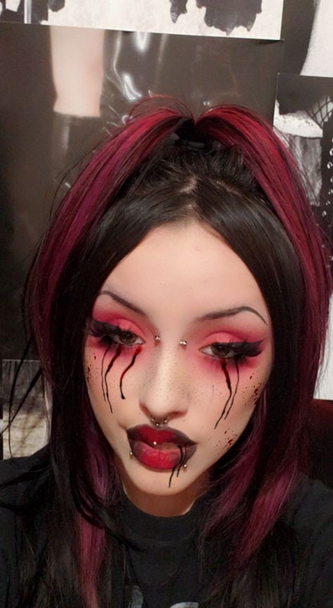 blood gothic makeup metalheadgirl Easy Gory Halloween Makeup, Blood Drip Makeup Look, Halloween Makeup Looks Blood, Evil Makeup Looks, Blood Splatter Makeup, Possessed Makeup, Friday The 13th Makeup, Blood Makeup Look, Red And Black Eye Makeup