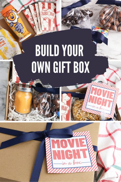 Collage of items showing how to make a movie night gift box. Family Movie Night Basket, Homemade Christmas Gift Baskets, Family Movie Night Gift, Movie Night Box, Movie Basket, Cheap Baby Shower Gifts, Movie Night Basket, Make A Movie, Movie Night Gift