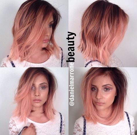 Rose gold pink blunt bob! So fresh but not too crazy... Hair Dark Roots, Blond Rose, Rose Blonde, Pravana Vivids, Different Pictures, Gold Hair Colors, Hair Color Rose Gold, Gold Ombre, Peach Hair