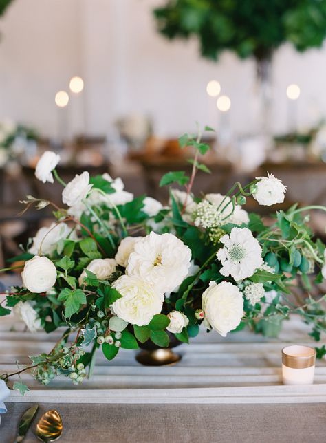 Silver bowls filled with naturally shaped, loose arrangements of silver dollar eucalyptus, ivory roses, nagi foliage, white veronica, olive leaves, ivory spray roses and white ranunculus. Low Centerpieces, Wedding Chair Decorations, Beach Wedding Flowers, Diy Event, White Wedding Flowers, Garden Oasis, Greenery Wedding, Flower Farm, Ceremony Decorations