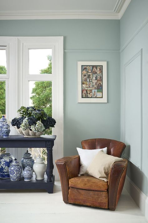 Light Blue Wall Paint by Annie Sloan, Upstate Blue Duck Egg Blue Living Room, Blue Wall Paint, Annie Sloan Wall Paint, Annie Sloan Paint Colors, Blue Painted Walls, Hamptons New York, Classic Homes, Light Blue Walls, Shabby Chic Antiques