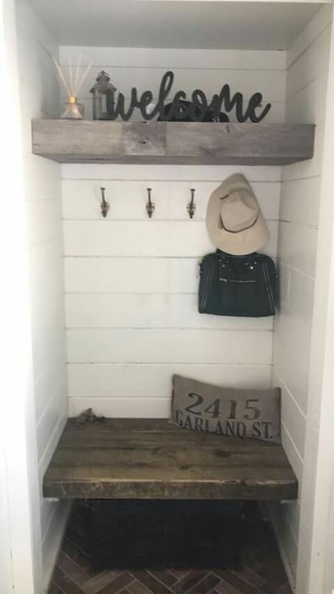 Entry closet/nook turned mud room. Small Coat Closet Ideas, Coat Closet Makeover, Coat Closet Ideas, Entry Nook, Closet Nook, Small Mudroom Ideas, Mudroom Closet, Front Closet, Entry Closet