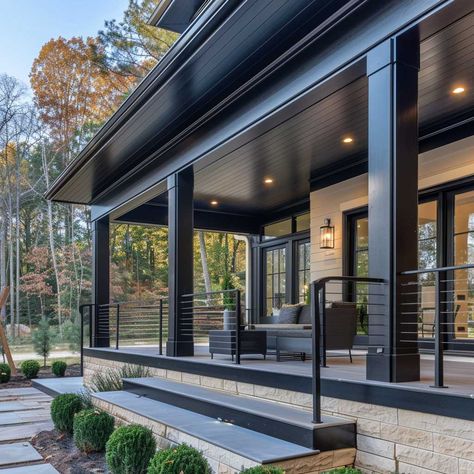 9+ Minimalist Front Porch Columns Ideas for a Clean Design • 333+ Art Images Small Brick Front Porch Ideas, Exterior Columns Modern, Modern Front Porch Columns, Modern Covered Front Porch, Black Columns Front Porch Wood, Metal Porch Columns, Black Stained Porch Columns, Modern Farmhouse Front Porch Railing, Modern Farmhouse Porch Columns