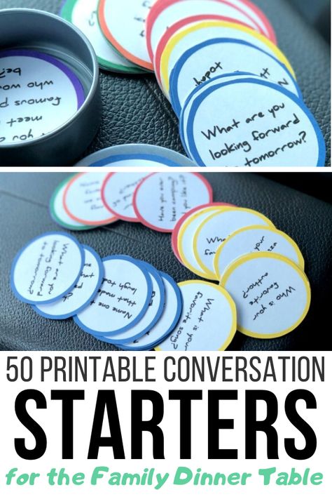 Are you finding yourself at your family dinner table with the same conversation night after night? Check out these fun and free printable conversation starters. You will get a PDF file that contains 50 different family friendly conversation starters to fuel some great dinnertime chat. The prompts cover an array of topics from travel to favorites to animals and more. #diy #socialdistancing #stayhome #printable #mamacheaps Sel Family Night, Dinner Conversation Starters, Printable Road Trip Games, Boys Activities, Ahg Badge, Family Conversation Starters, Family Night Activities, Question Box, Table Topics